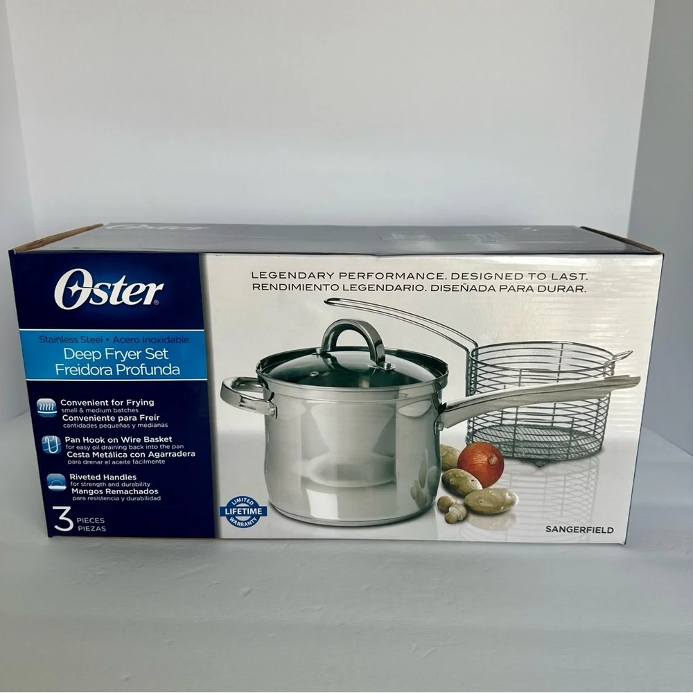 Oster Sangerfield deep stainless steel 3-piece deep cookware, wire basket, & lid